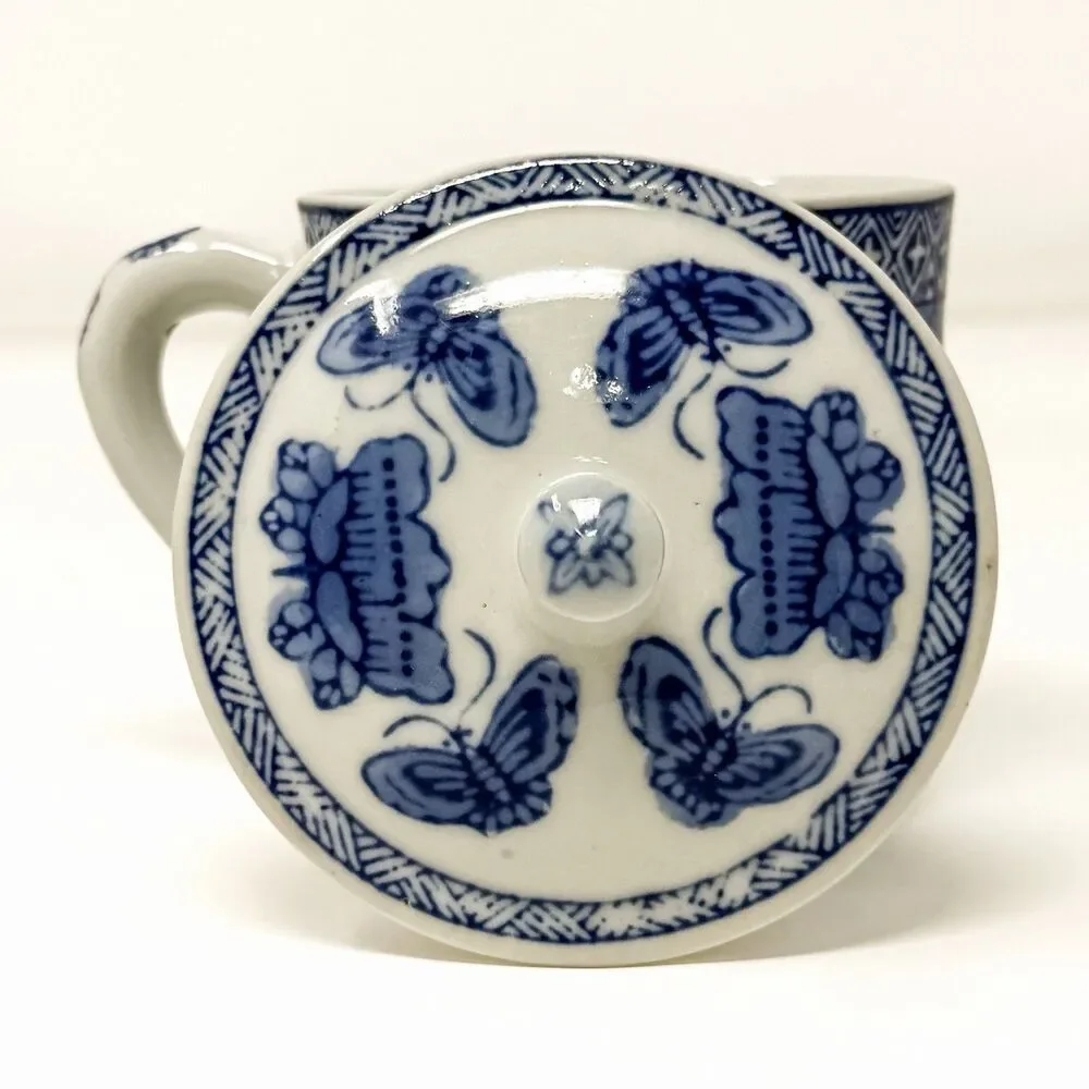 Blue White Chinese Porcelain Lidded Mugs Butterflies Grapevines Set of 4